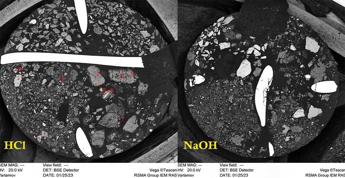 Рис. 6. BSE-снимки образцов после воздействия HCl и NaOH