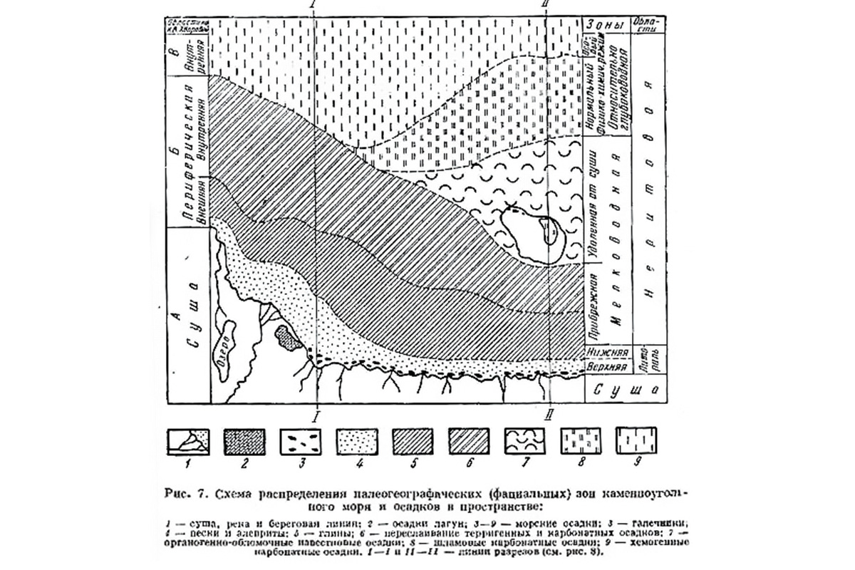 Рис. 9. Схема распределения палеогеографических (фациальных) зон каменноугольного моря и осадков в пространстве [12]